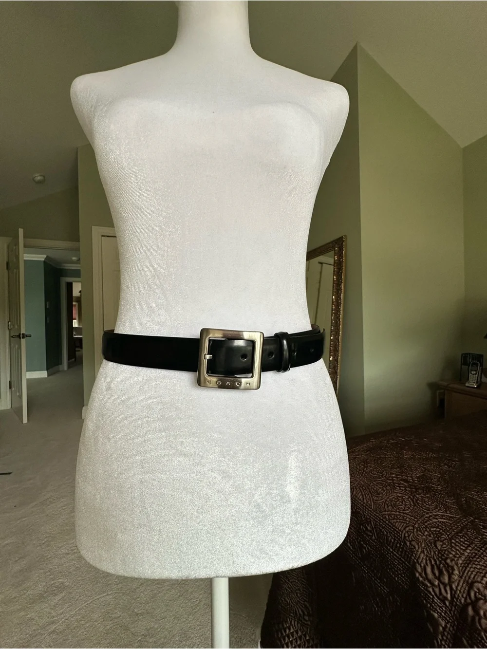 Vintage Coach Black Leather Belt Square Silver Logo Buckle